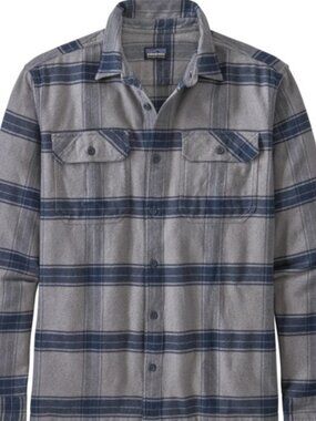 Mens Patagonia Gray and Blue Plaid Fjord Flannel Shirt Size Medium
